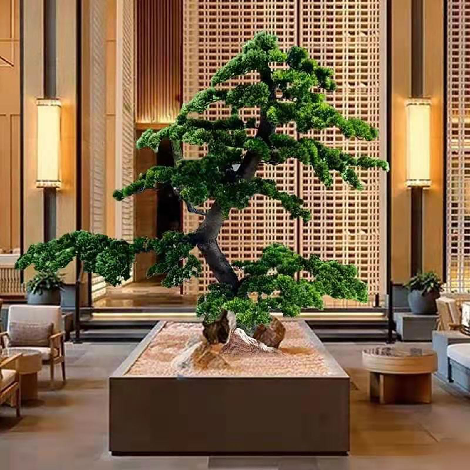 A living room with a decorative bonsai tree on a wooden table