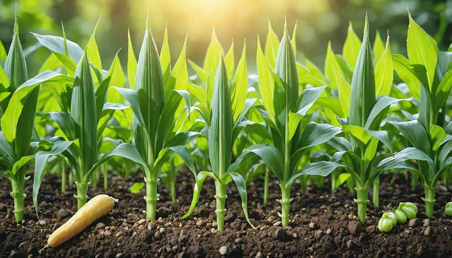 Three Sisters companion planting method with corn beans and squash in one garden bed
